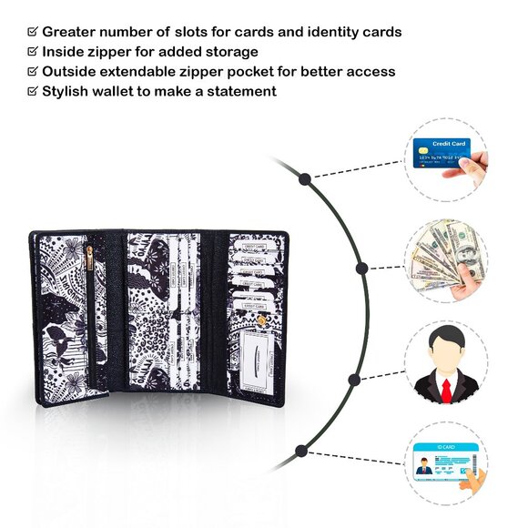 Black Printed Fabric Trifold Wallet & Card Holder – Women Organizer, ID Window - Picture 4 of 8